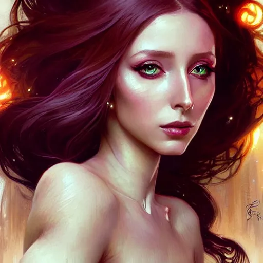 Image similar to Elçin Sangu as a fantasy magic woman portrait, sci-fi, amber eyes, face, long hair, fantasy, intricate, elegant, highly detailed, digital painting, artstation, concept art, smooth, sharp focus, illustration, art by artgerm and greg rutkowski and alphonse mucha