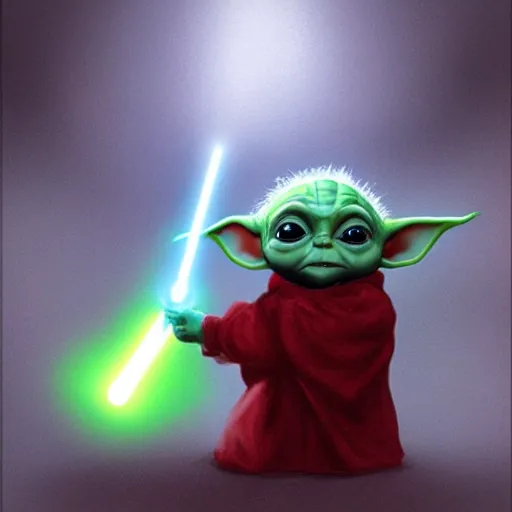 Prompt: Concept art of Baby Yoda holding a red lightsaber