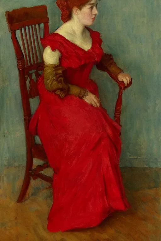 Prompt: a red dress folded over a chair. in the victorian era. in the style of american impressionism painting. triadic color scheme