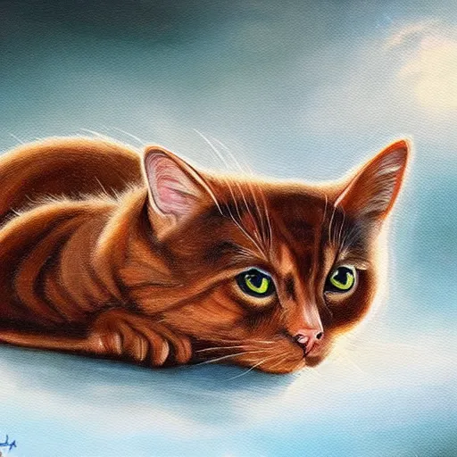 Image similar to a realistic painting of a brown cat on a car highly detailed trending on art station