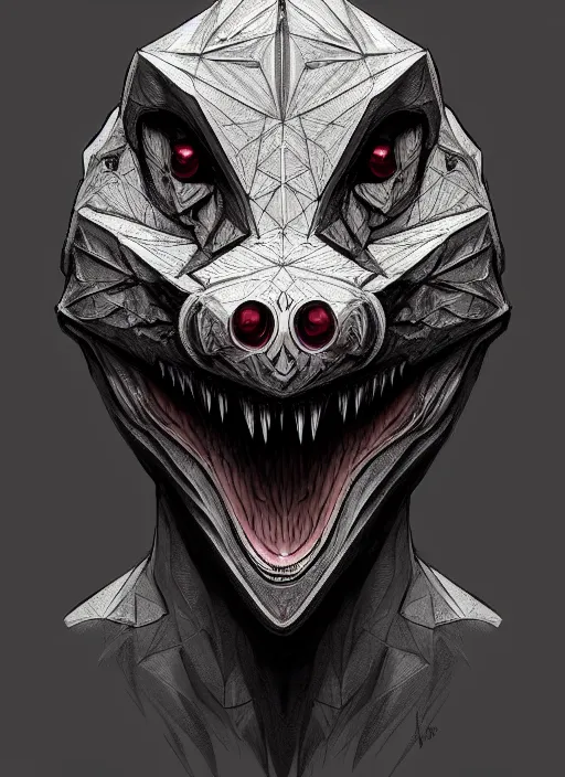 Image similar to anthropomorphic triangle head in edgy darkiron mr teddy mr. bean, intricate, elegant, highly detailed animal monster, digital painting, artstation, concept art, smooth, sharp focus, illustration, art by artgerm, wayne barlowe, trending on artstation and greg rutkowski and alphonse mucha, 8 k