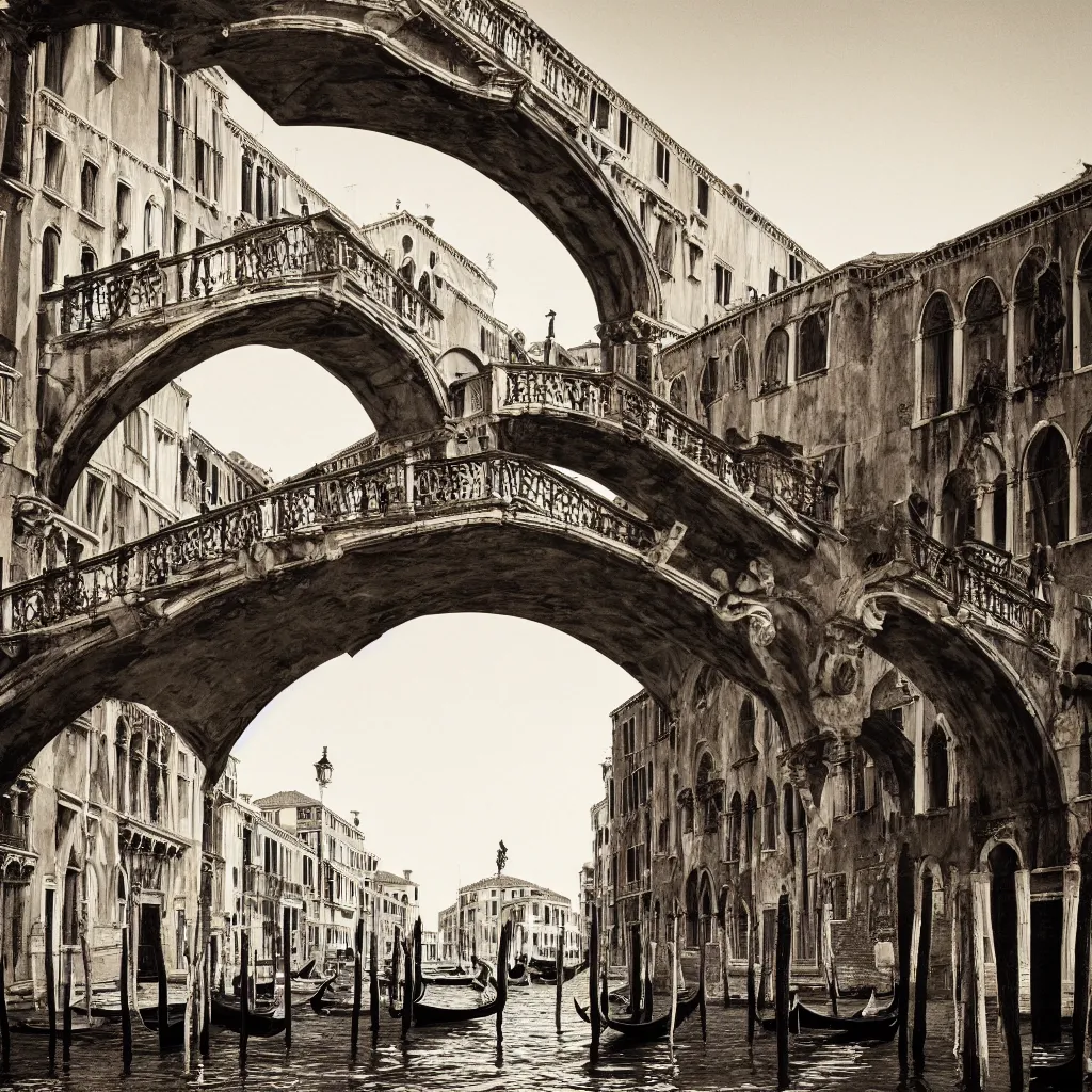 Image similar to venice bridges by piranesi, composition, cinematic, rule, grid