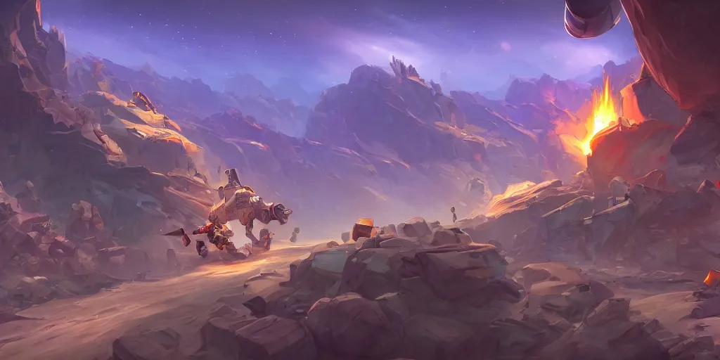 Image similar to marketing game illustration, a space craft run into the rocks canyon very fast in the style of Blizzard and Riot Games