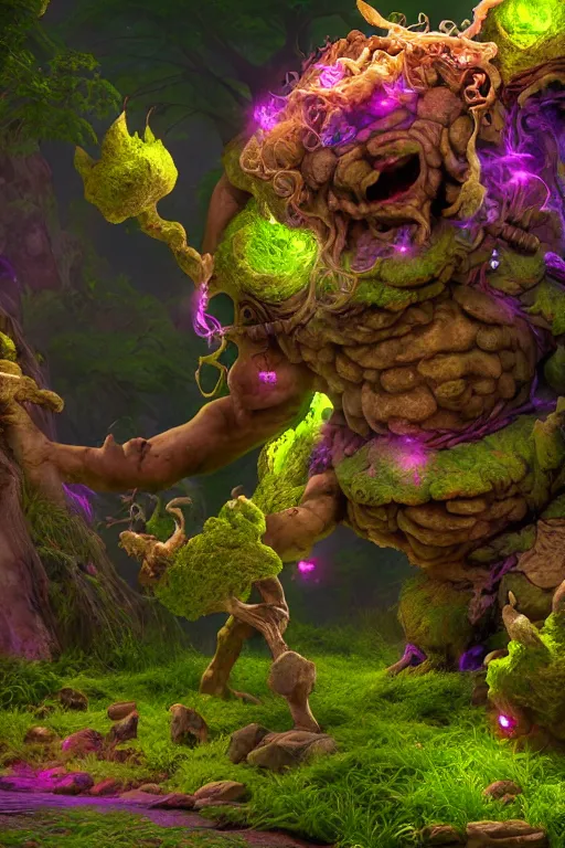 Image similar to arcane fantasy art giant golem elemental wood rock bastion forged gemstone enchanted forest troll, global illumination ray tracing hdr fanart arstation by sung choi and eric pfeiffer and gabriel garza and casper konefal lisa frank zbrush central hardmesh radiating a glowing aura