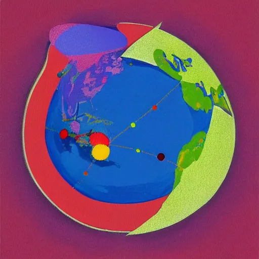 Prompt: the earth as an atom with electrons in orbit, colourful, in the style of Charley Harper