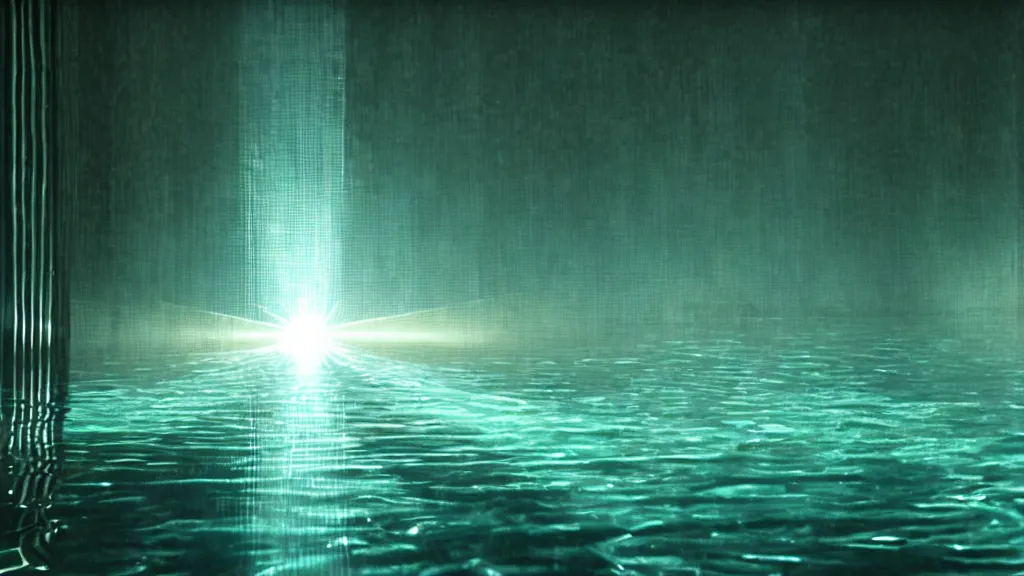 Prompt: beams of light split through random glass and water, water caustics, film still from the movie directed by denis villeneuve and david cronenberg with art direction by salvador dali and dr. seuss