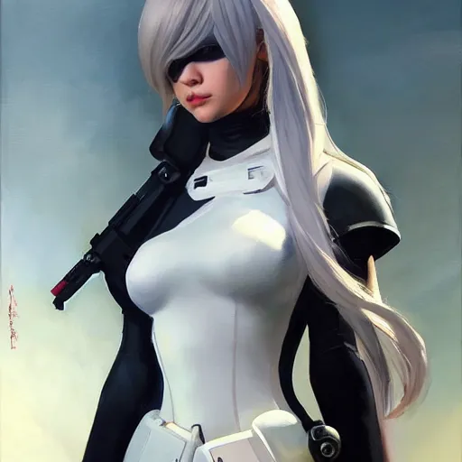 Image similar to greg manchess portrait painting of a 2 yorha type a no. 2 as overwatch character, white long hair, medium shot, asymmetrical, profile picture, organic painting, sunny day, matte painting, bold shapes, hard edges, street art, trending on artstation, by huang guangjian and gil elvgren and sachin teng