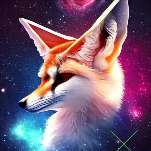 Image similar to geometric symmetrical fennec with galaxy eyes in space, nebula in the background, intricate, elegant, highly detailed, digital painting, artstation, concept art, smooth, sharp focus, illustration, art by artgerm