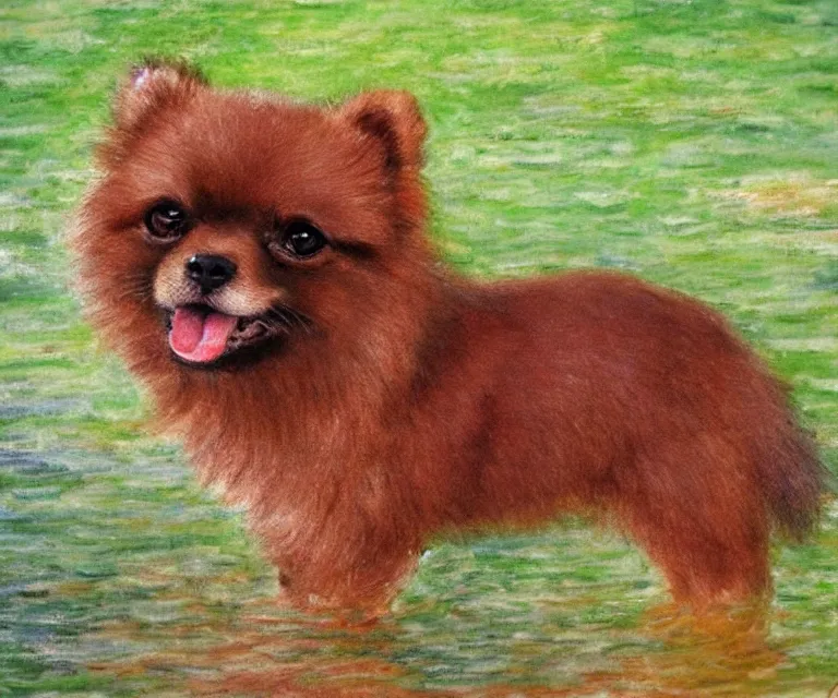 Image similar to brown pomeranian, cute, monet, water painting