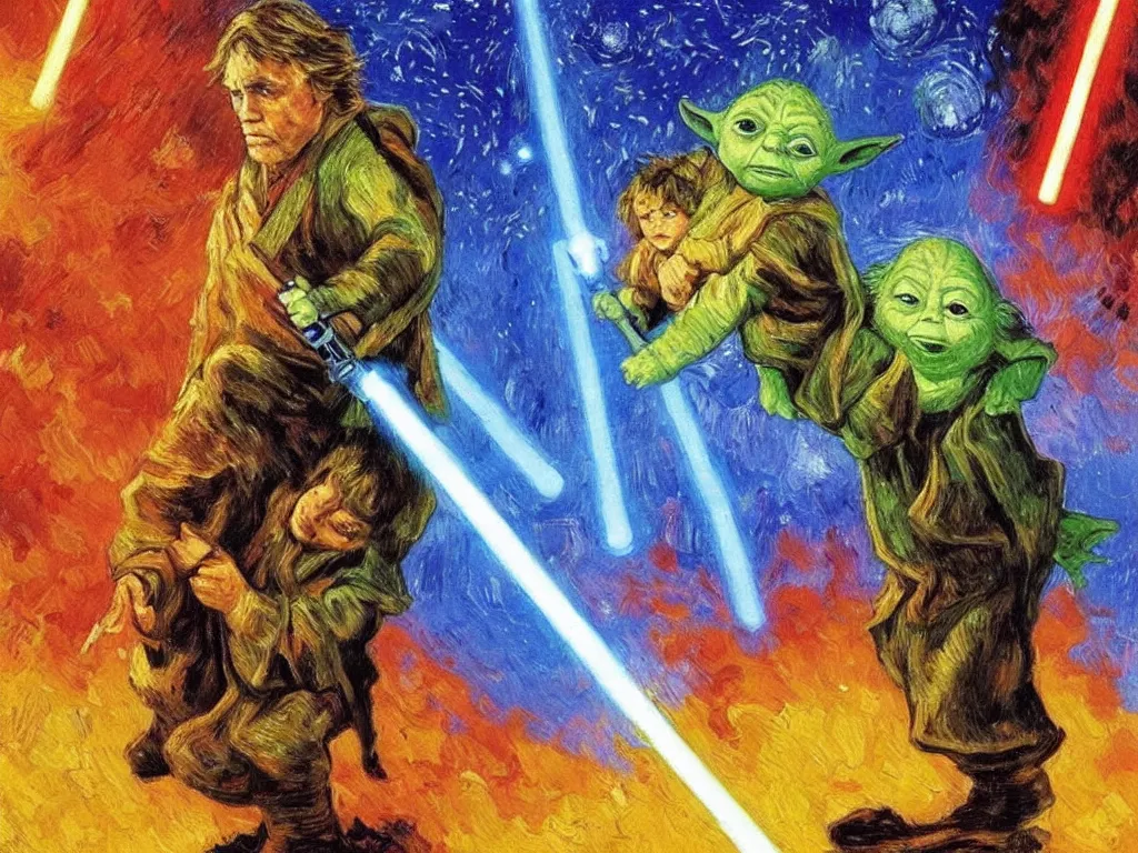 Prompt: bright beautiful oil painting of luke skywalker uses the force to lift yoda into the air, light scatter, van gogh