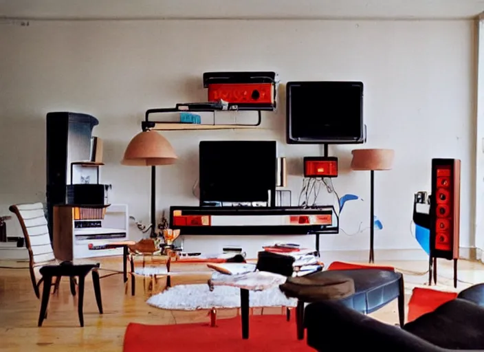 Prompt: retro futuristic apartment, 1 9 7 0 s hi fi system, funky furniture, modern art, high end, chic, skylights, minimalism, loft style, interior design magazine