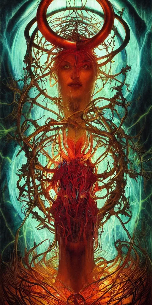 Prompt: intense manic glowing pagan god with ram horns and veins and intense glowing eyes in very dark forest by karol bak and beksinski and alphonse mucha, portrait, fantasy, clear, light beams, lens flare, intense, uhd, red and teal and shining polished gold, amazing depth, cinematic lighting