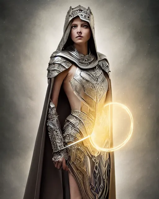 Prompt: a portrait of a muse of beauty, Elspeth Knight Errant, long flowing cape and cowl, silver and gold heavy armor, long magical staff with ruby gems, young female face, rune magic, cinematic top lighting, insanely detailed and intricate, face by wlop, Charlie Bowater, golden ratio, face close up, symmetric, elegant, ornate, luxury, elite, matte painting, MTG, magic the gathering, cinematic, cgsociety, 8k, high resolution, trending on artstation, deviantart and pinterest