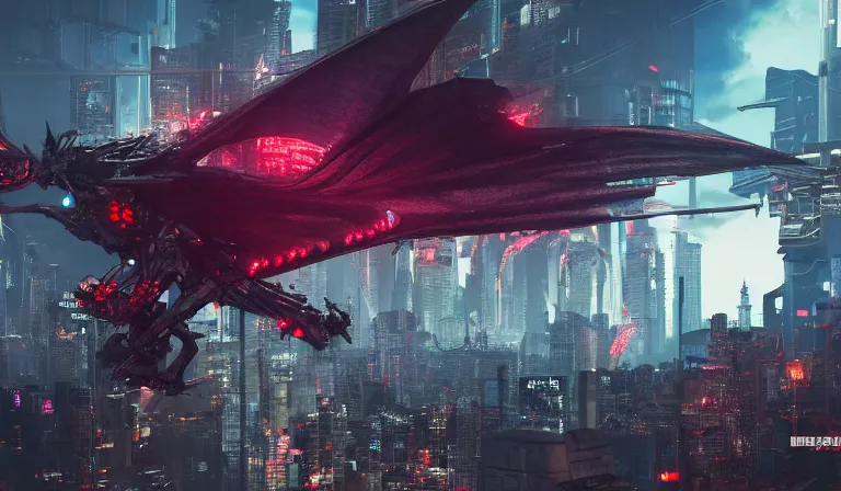 Image similar to cyberpunk armored dragon flying above a cyberpunk city in ruins, close shot, 8k, cinematic, epic, ultra detailed, award winning, trending on artstationHD, dramatic