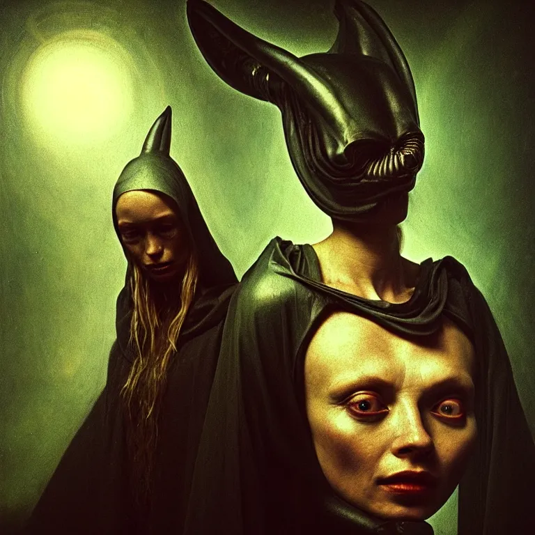 Image similar to beautiful portrait of alien witch by hieronymus bosch, soft grainy bloom lucid dream - like atmosphere, harsh flash photo, baroque portrait painting, perfect composition, detailed octane render trending on artstation, 8 k artistic photography, volumetric cinematic perfect light, chiaroscuro, masterpiece, raphael, caravaggio, beksinski, rutkowski, beeple