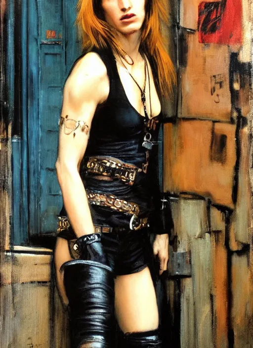 Image similar to androgynous glam rocker outside cbgb in the style of phil hale, sfumato Orientalist portrait by john william waterhouse, oil on canvas. Cinematic, hyper realism, realistic proportions, dramatic lighting, high detail 4k