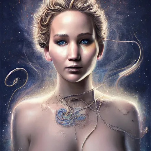 Image similar to a wlop 3 d render of very very very very highly detailed beautiful mystic portrait of a phantom cthulu priestess jennifer lawrence with whirling galaxy around, tattoos by anton pieck, intricate, extremely detailed, digital painting, artstation, concept art, smooth, sharp focus, illustration, intimidating lighting, incredible art,