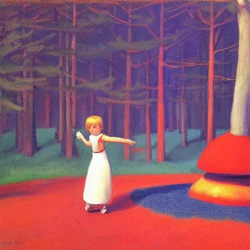 Image similar to Children bouncing high on a giant red mushroom in a mystical forest, painting by Edward Hopper