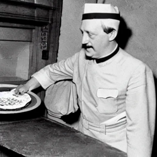 Prompt: hitler making a pizza wearing a pizza man uniform with a swastika on it, photo