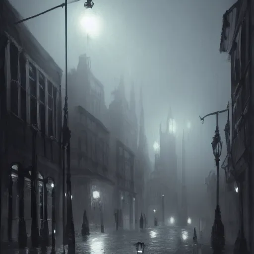 Prompt: victorian city, dark, misty, at night, 8 k, detailed, concept art, trending on artstation