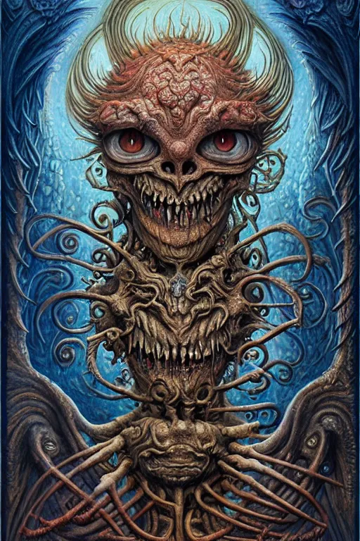 Image similar to A beautiful detailed grotesque monster super cute tarot card, by tomasz alen kopera and Justin Gerard, symmetrical features, ominous, magical realism, texture, intricate, ornate, royally decorated, mechanic, skeleton, whirling smoke, embers, red adornements, blue torn fabric, radiant colors, fantasy, trending on artstation, volumetric lighting, micro details, 3d sculpture, ray tracing, 8k, anaglyph effect, digital art