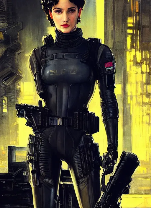 Image similar to Selina Kyle. beautiful cyberpunk female USN marine wearing a military vest and a black and yellow tactical jumpsuit (cyberpunk 2077, bladerunner 2049). gorgeous face. Iranian orientalist portrait by john william waterhouse and Edwin Longsden Long and Theodore Ralli and Nasreddine Dinet, oil on canvas. Cinematic, hyper realism, realistic proportions, dramatic lighting, high detail 4k