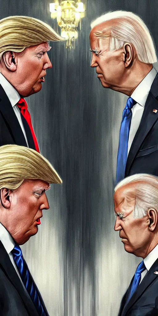 Image similar to symmetry!! donald trump and joe biden looking at each other in a hall, evil, very detailed, perfect lighting, perfect composition, 4 k, artgerm, derek zabrocki, greg rutkowski