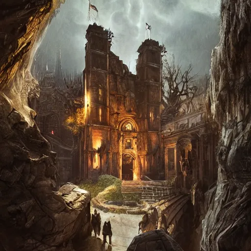 Image similar to epic masterpiece of cinematographic hyperrealism where a group of archeologists appears in front of a large demonic tower. realistic shaded lighting poster by craig mallismo, artgerm, jeremy lipkin and michael garmash, unreal engine, detailed and intricate environment, digital art, art station trends, horror, night, dark and stormy, matte