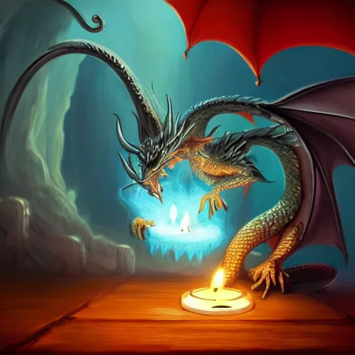 Prompt: tiny dragon that lights a candle with its fire breath, the candle is on a wooden table, on a candle holder, the dragon is placed on the table too, fantasy painting, artstation, Fantasy core, award winning, stunning art
