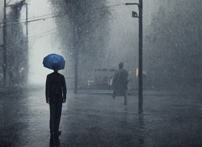 Image similar to a detailed cinematic photograph of man standing in rain by gregory crewdson, photoreal, 4 k