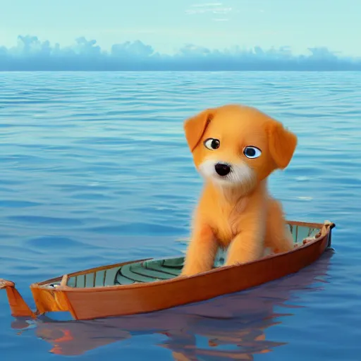 Image similar to a close - up image of a baby dog on a small wooden boat in the sea near a small island at sunrise, ghibli studio, pixar and disney style, concept art, octane render, unreal engine 5, trending on artstation, high quality, highly detailed, colorful, anatomically correct, anime style, beautiful, path traced, cute