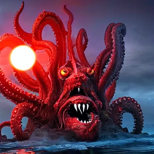 Prompt: a demonic kraken with glowing red eyes eating a battle ship