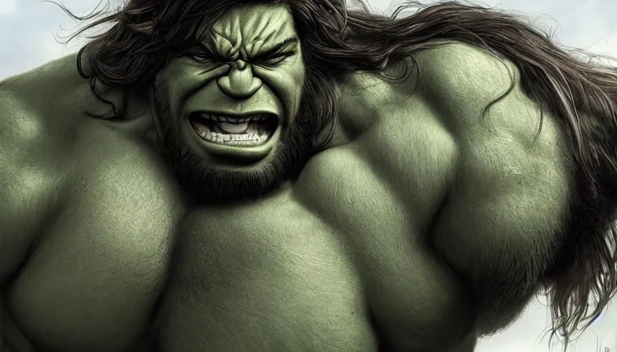 Image similar to Hulk with long hair and long beard, hyperdetailed, artstation, cgsociety, 8k