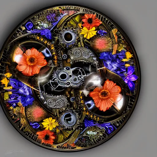 Prompt: a beautiful intricate fine art portrait photo of a mechanical industrial steampunk cybernetic yin yang symbol, overgrown with colorful flowers and leaves by zach sutton, golden ratio composition, studio lighting, 50mm lens, very detailed, bionic, cybernetic scifi, deep depth of field, artstation, 8K, highly coherent