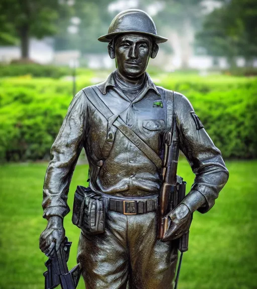 Prompt: a 4 k photorealistic photo medium shot waist up of a bronze statue of an american soldier with a rifle across his chest in a park