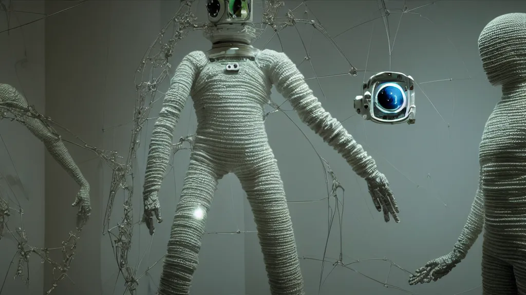 Image similar to a cybernetic symbiosis of a single astronaut eva suit made of pearlescent wearing knitted yarn thread infected with diamond 3d fractal lace iridescent bubble 3d skin covered with stalks of insectoid compound eye camera lenses floats through the living room, film still from the movie directed by Denis Villeneuve with art direction by Salvador Dalí, wide lens,