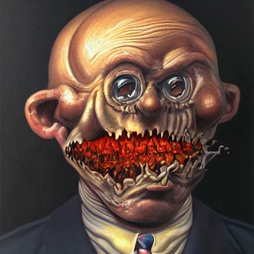 Image similar to oil painting with black background by christian rex van minnen robert williams todd schorr of a portrait of an extremely bizarre disturbing mutated man with acne intense chiaroscuro lighting perfect composition masterpiece