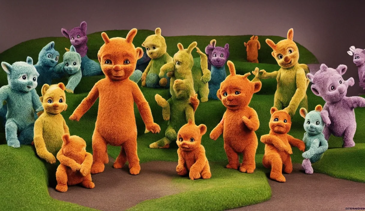 Image similar to natural history dioramas of teletubbies as furry animals