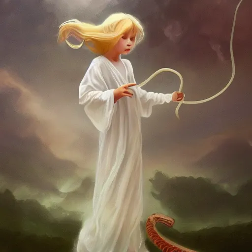 Prompt: a painting of a young girl with a white dress riding a snake, surreal, clouds, foggy, fog, mist, cinematic, digital art, trending on artstation, aethereal, in style of alphone mucha