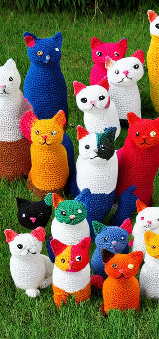 Prompt: multicolored crocheted cats, 2 0 1 0 s catalogue photo,