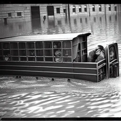 Image similar to almost completely flooded metro wagon. photo from inside the wagon, in the center of the frame stands one calm man up to his chest in water and looks at the camera. warm lighting, old color photo, ussr, extremely detailed, 8 k, vintage color