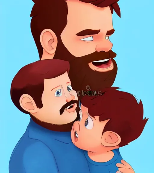 Image similar to a father with short red hair, a short red beard and blue eyes and a chubby face hold his infant son with short brown hair full color digital illustration in the style of don bluth, artgerm, artstation trending, 4 k