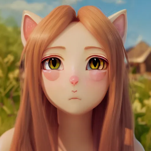 Image similar to Render of a beautiful 3d anime cat, long pink hair, hazel eyes, cute freckles, full round face, soft smile, cute sundress, golden hour, serene beach setting, medium shot, mid-shot, hyperdetailed, trending on Artstation, Unreal Engine 4k