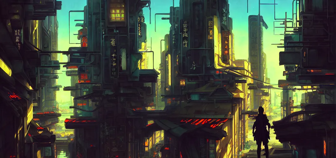 Image similar to baroque oil painting of anime key visual environment concept art of a cyberpunk city, brutalist, dark fantasy, rule of thirds, digital cel shading, fake hidden detail, trending on pixiv fanbox, acrylic palette knife and brush, style of makoto shinkai studio ghibli jamie wyeth james gilleard greg rutkowski