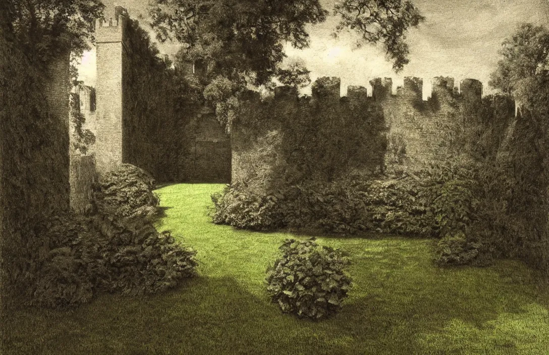 Image similar to emotional bond between the two sequestered corner of a garden within a castle walls intact flawless ambrotype from 4 k criterion collection remastered cinematography gory horror film, ominous lighting, evil theme wow photo realistic postprocessing 8 k hyper real photo imax rectilinear lens main protagonist the precision of drawing makes the final effect that of a shallow relief sculpture painting by sir sidney nolan