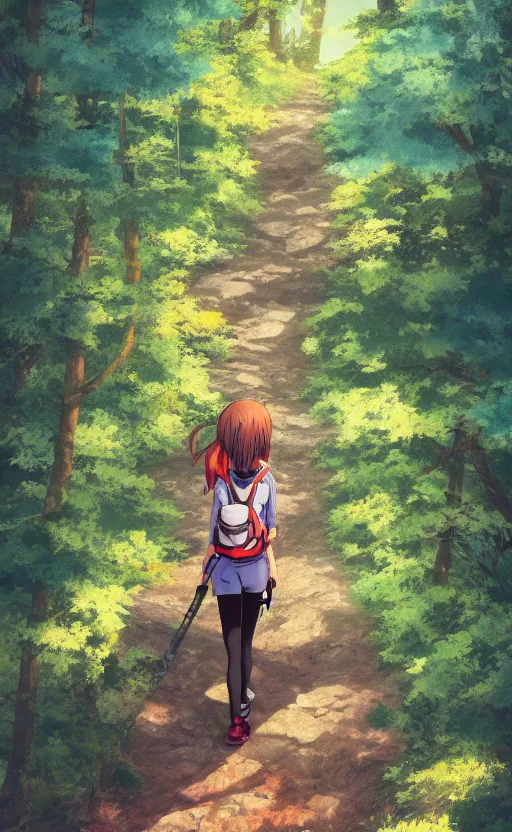 Image similar to an anime girl in the foreground hiking the Appalachian Trail alone, three point perspective, anime scene, digital art, 4k ultra