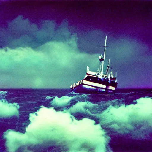 Prompt: thick clouds, moody, neon colorized,!!! sunk on the ocean floor, shipwreck, dramatic light, ultrafine, hyperrealistic, 3 2 k, 3 5 mm film still, movie