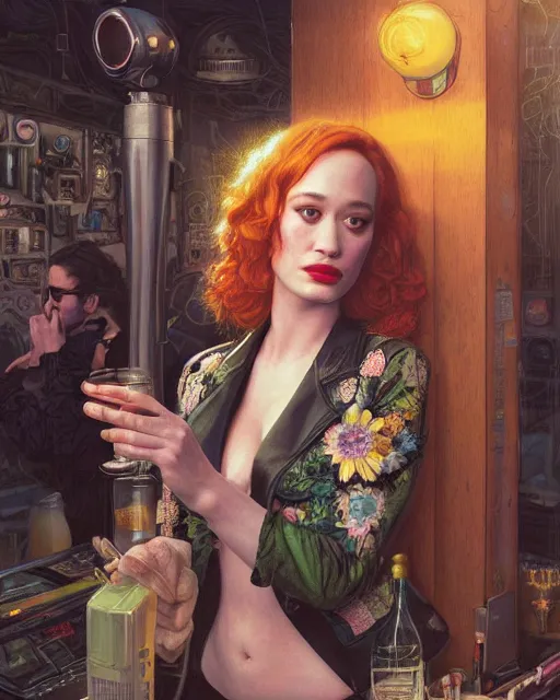 Image similar to sophisticated portrait of christina hendricks brie larson kat dennings, 1 9 8 0 s flower power hippy, very smoky cyberpunk paris bar, elegance, highly detailed, shallow depth of field, artstation, artgerm, donato giancola and joseph christian leyendecker