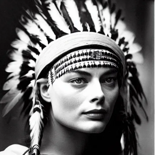 Image similar to margot robbie as a native american in the 1 8 0 0 s, photograph