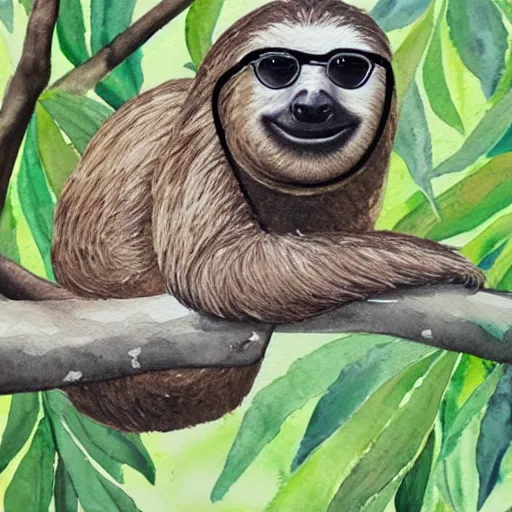 Prompt: A realistic watercolour painting of a sloth with sunglasses in a tree, fine detail, washed out background
